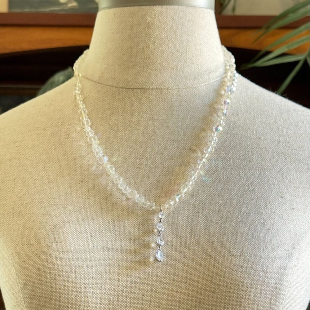 Aurora Borealis Wedding Necklace, 22 Inch Lariat, Vintage Crystal Beads, Bridal